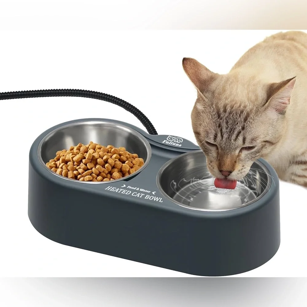 Heated Cat Bowl Dual Stainless Steel Pet Feeder - Grey( square bowls